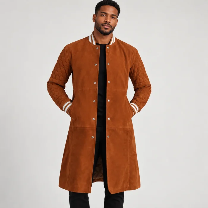 Men's Rust Brown Suede-Look Long Varsity Coat Front Pose