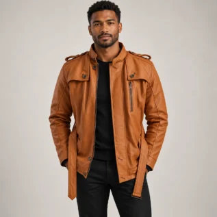 Men's Cognac Brown Leather-Look Belted Field Jacket Front Pose