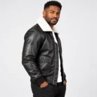 Black Leather Bomber Jacket Side Pose