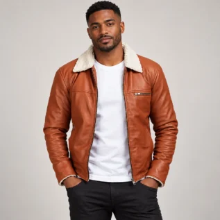 Men's Cognac Brown Leather-Look Jacket Front Pose