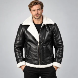 Black Leather Shearling Aviator Jacket Front Pose