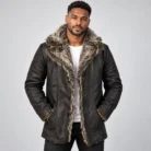 Men's Charcoal Leather-Look Winter Coat Front Pose
