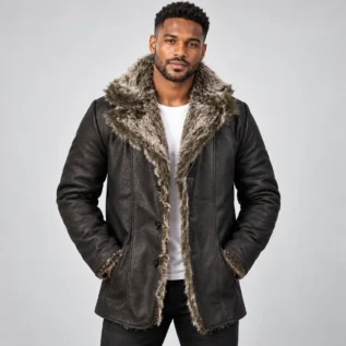 Men's Charcoal Leather-Look Winter Coat Front Pose