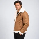 Tan Brown Shearling Aviator Jacket Side Pose