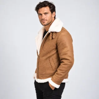 Tan Brown Shearling Aviator Jacket Side Pose
