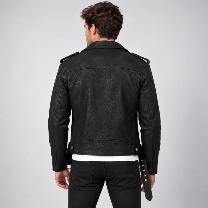d16d6d8e-2cd3-4a02-8452-7604f86cd85f Men's Black Leather-Look Biker Jacket Back Pose