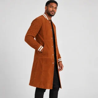 Men's Rust Brown Suede-Look Long Varsity Coat Side Pose