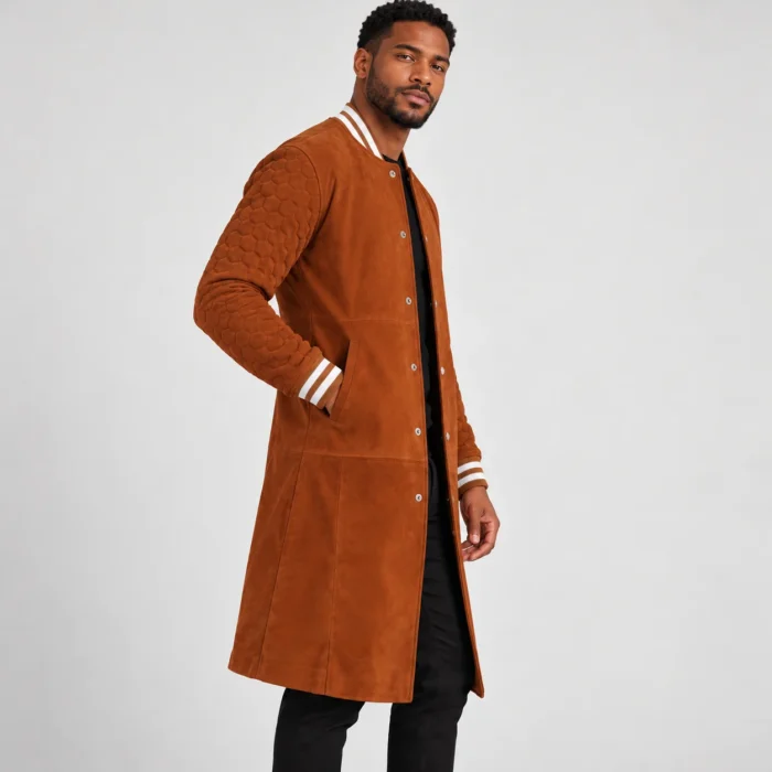 Men's Rust Brown Suede-Look Long Varsity Coat Side Pose