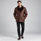 Brown Leather Coat with Fur Collar Front Pose