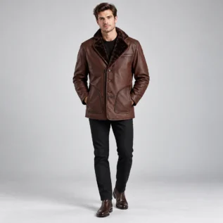 Brown Leather Coat with Fur Collar Front Pose