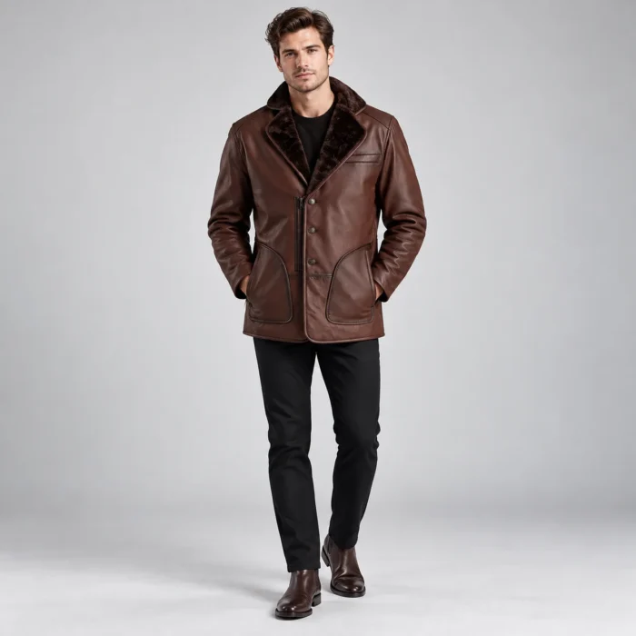d3ddf8cb-e865-47c4-a61a-e9640159a42d Brown Leather Coat with Fur Collar Front Pose