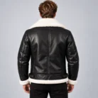 Black Leather Shearling Aviator Jacket Back Pose