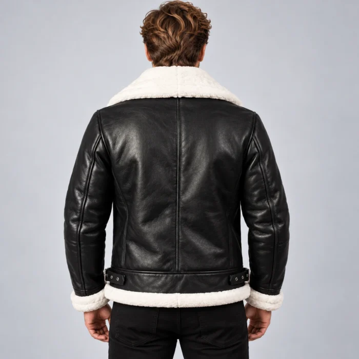 Black Leather Shearling Aviator Jacket Back Pose