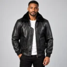 Black Leather Bomber Jacket Front Pose