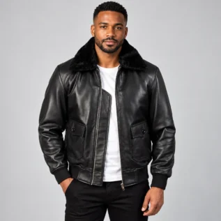 Black Leather Bomber Jacket Front Pose