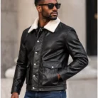 Men's Black Leather-Look Winter Jacket side pose