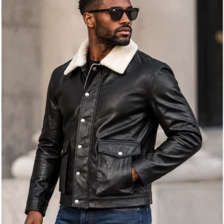 Men's Black Leather-Look Winter Jacket side pose