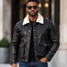 Men's Black Leather-Look Winter Jacket front pose