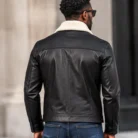 Men's Black Leather-Look Winter Jacket back pose