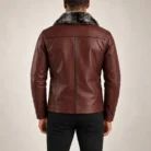 Men's Burgundy Leather-Look Jacket Back Pose