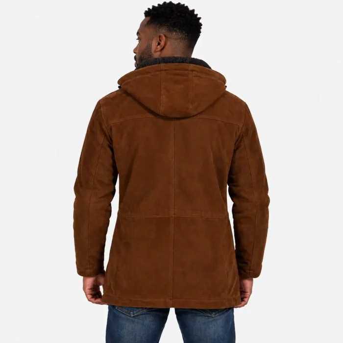 e4dfec58-5c5b-45a2-8316-1929504c92b2 Brown Suede Hooded Coat Back Pose