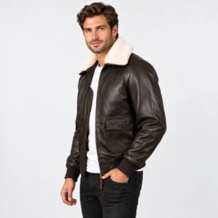 Dark Brown Leather Bomber Jacket Side Pose