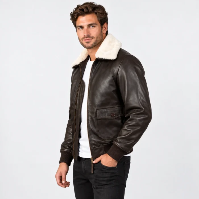 e5fcd4a0-d2f5-41f5-ae44-32ef0dfec8f0 Dark Brown Leather Bomber Jacket Side Pose