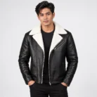 Black Leather Shearling Biker Jacket Front Pose