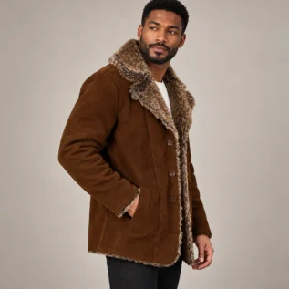 Men's Brown Suede-Look Coat Side Pose