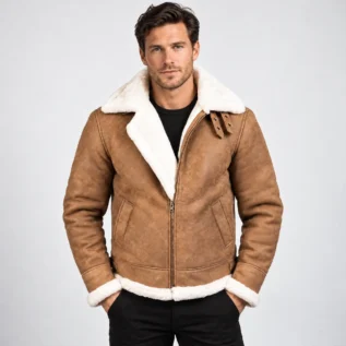 Tan Brown Shearling Aviator Jacket Front Pose