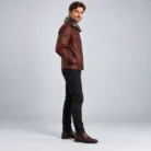 Men's Burgundy Brown Leather-Look Winter Jacket Side Pose