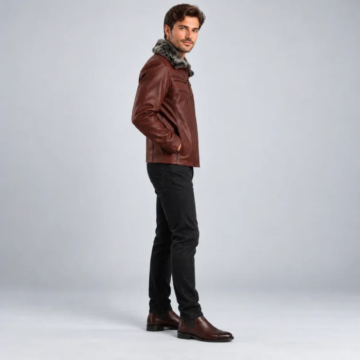 Men's Burgundy Brown Leather-Look Winter Jacket Side Pose