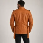Men's Cognac Brown Leather-Look Belted Field Jacket Back Pose