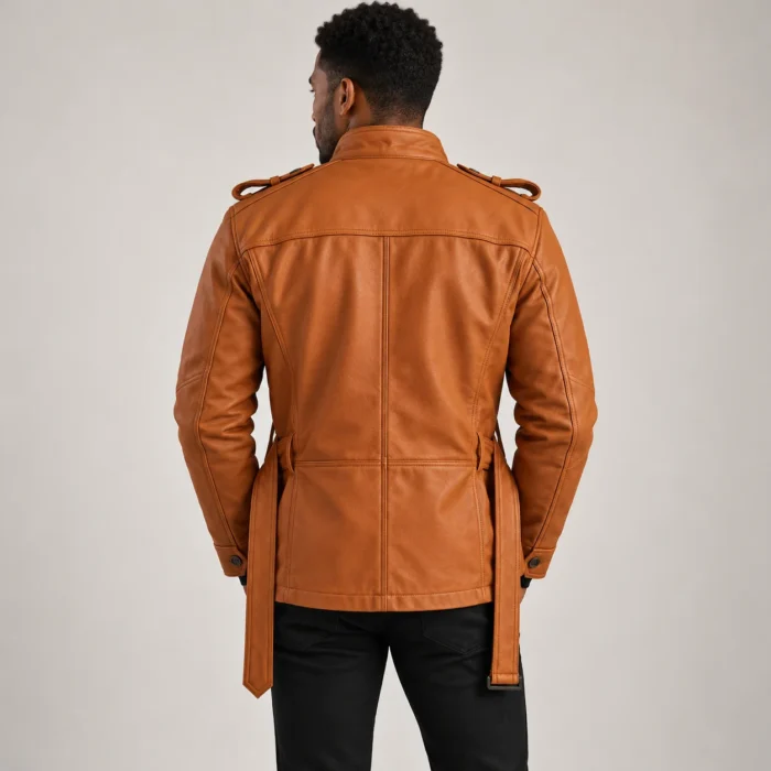 Men's Cognac Brown Leather-Look Belted Field Jacket Back Pose