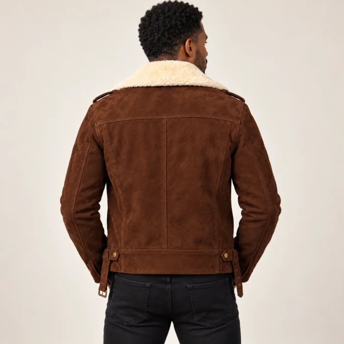 Men's Dark Brown Suede-Look Biker Jacket Back Pose