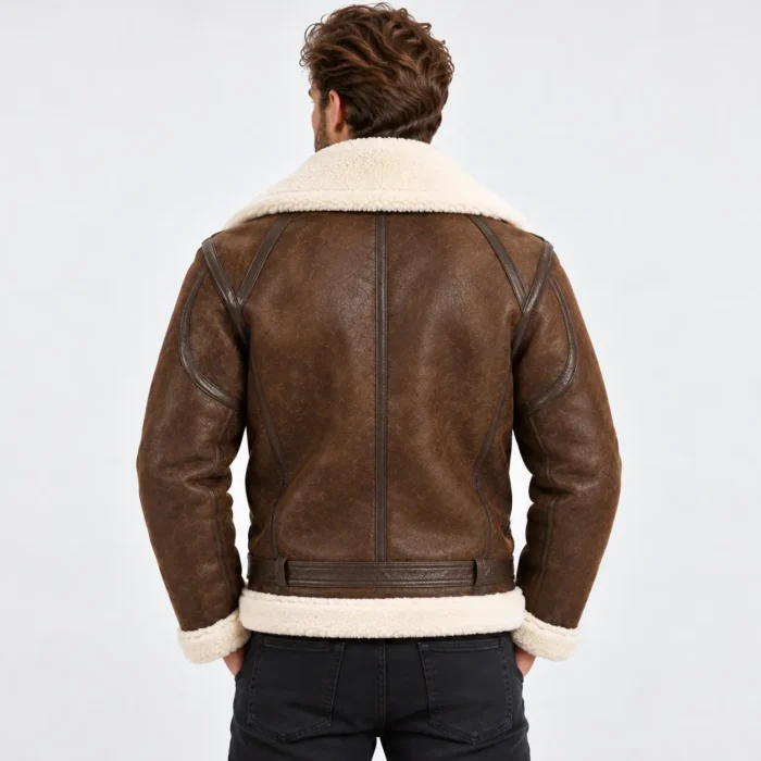 Brown Shearling Aviator Jacket Back Pose