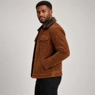 Men's Cognac Brown Suede-Look Trucker Jacket Side Pose