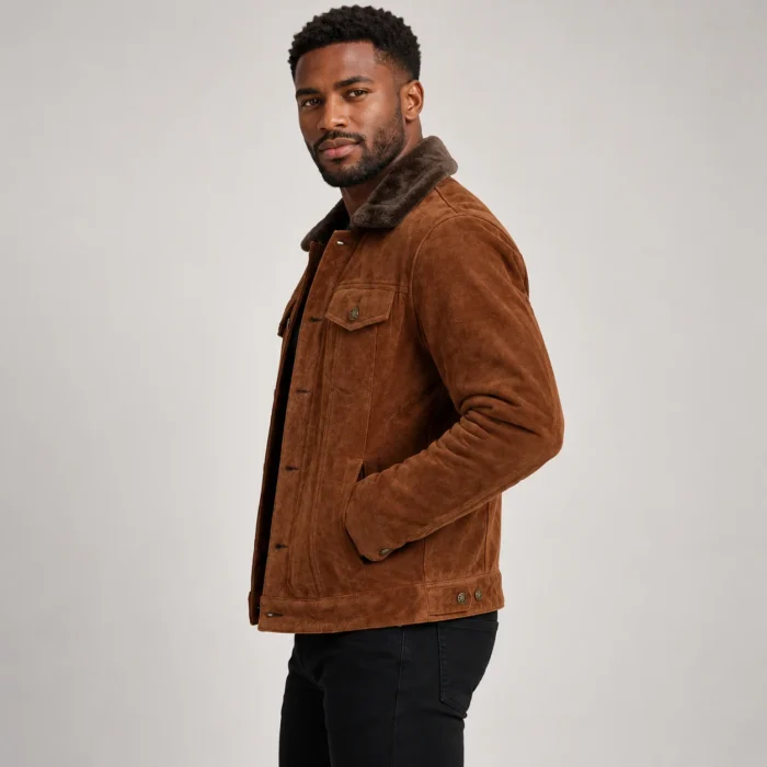 Men's Cognac Brown Suede-Look Trucker Jacket Side Pose